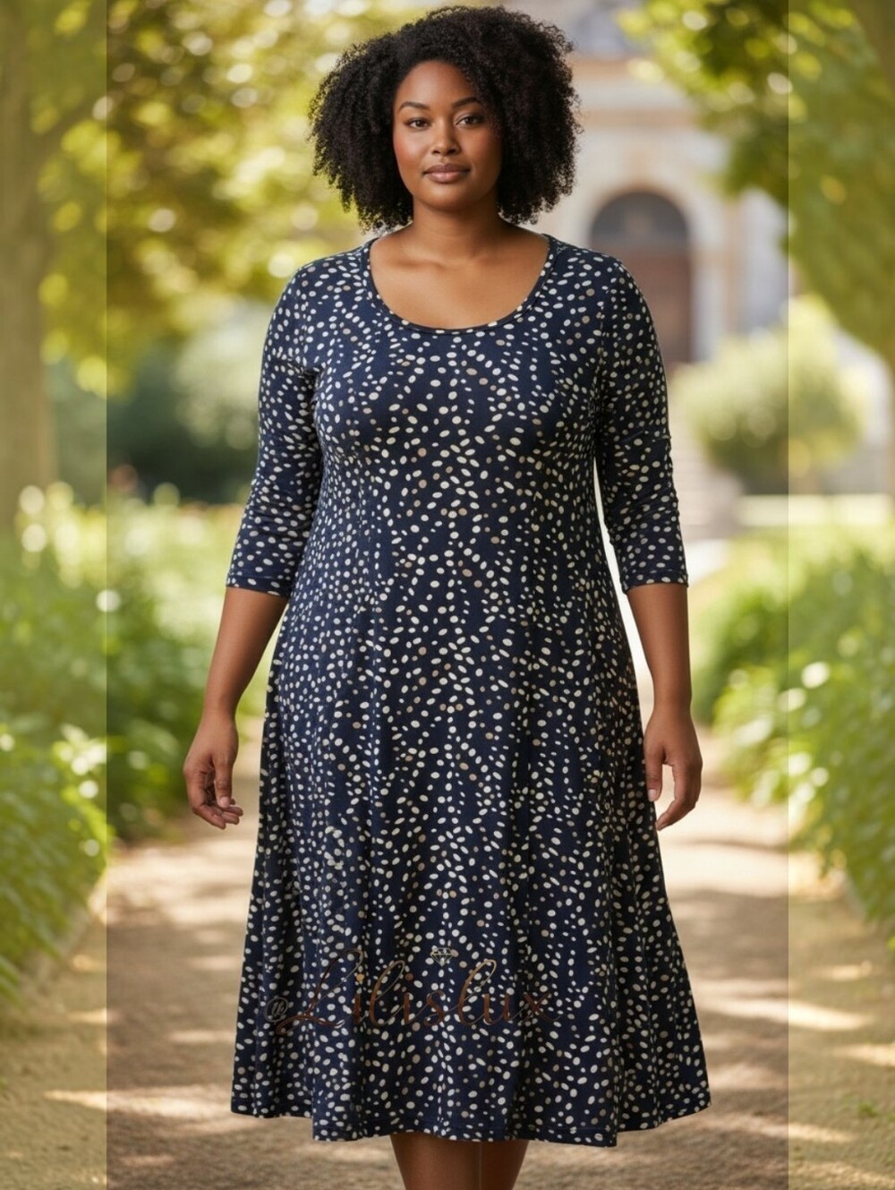 Chelsea Studio 1X-2X Navy Dress With White And Tan Polka Dots NWOT Stretchy
